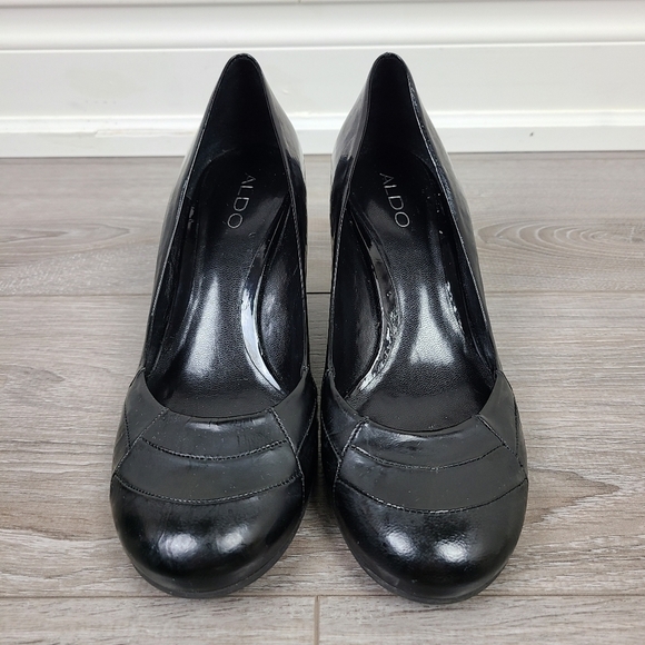 ALDO Black Wedge Round Toe Leather Heels Size 7.5 - Picture 7 of 17